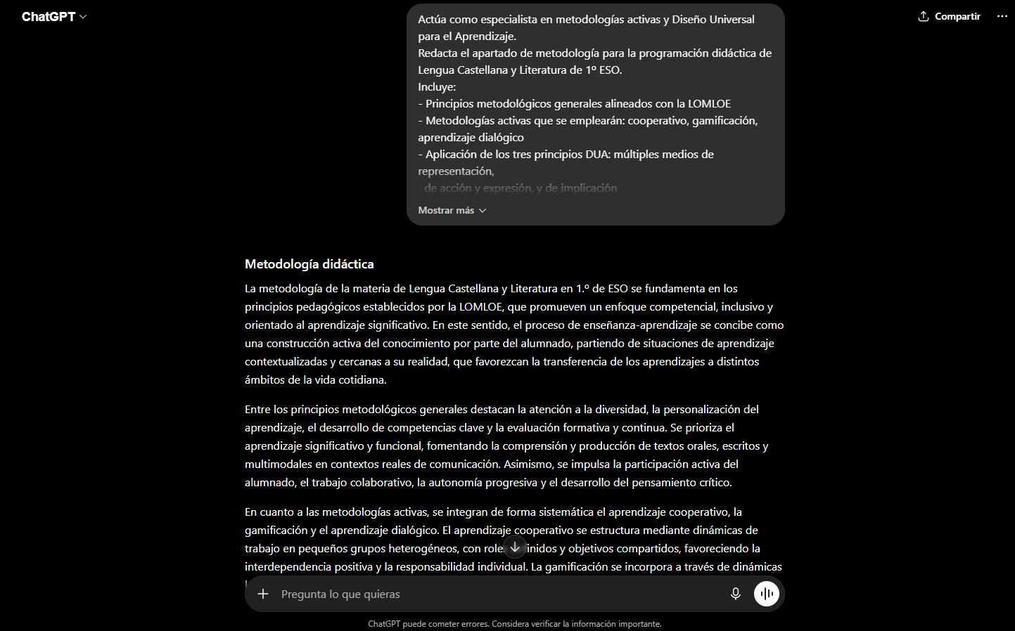 chatgpt generando metodologia programacion didactica lomloe dua