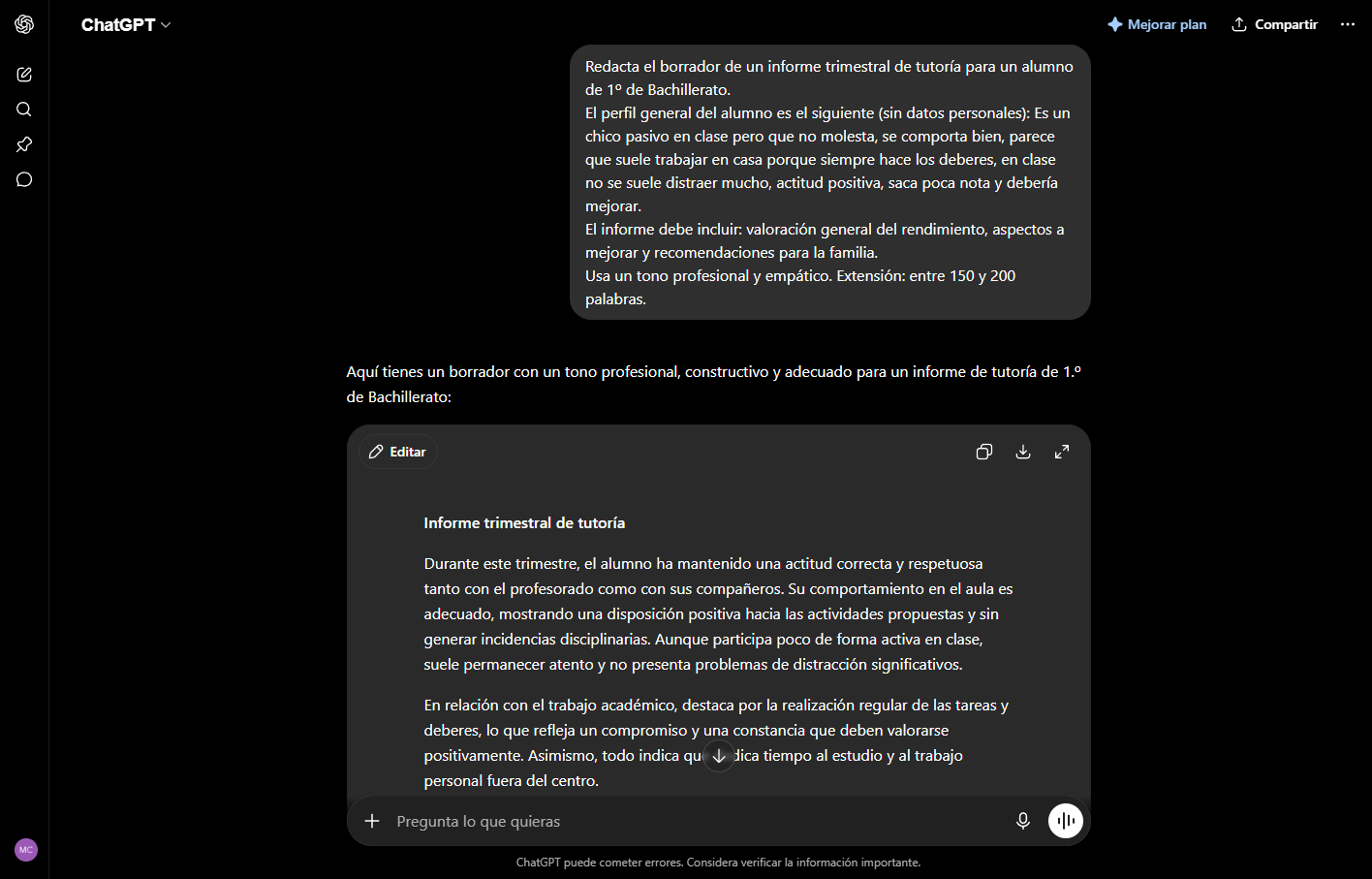captura de chatgpt con prompt de ia para profesores y situacion de aprendizaje lomloe