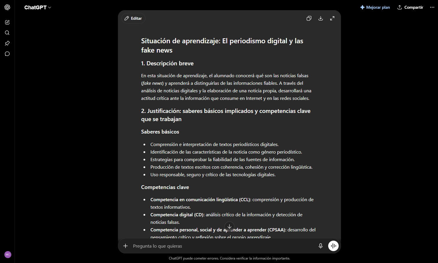 ejemplo de situacion de aprendizaje lomloe generada con chatgpt