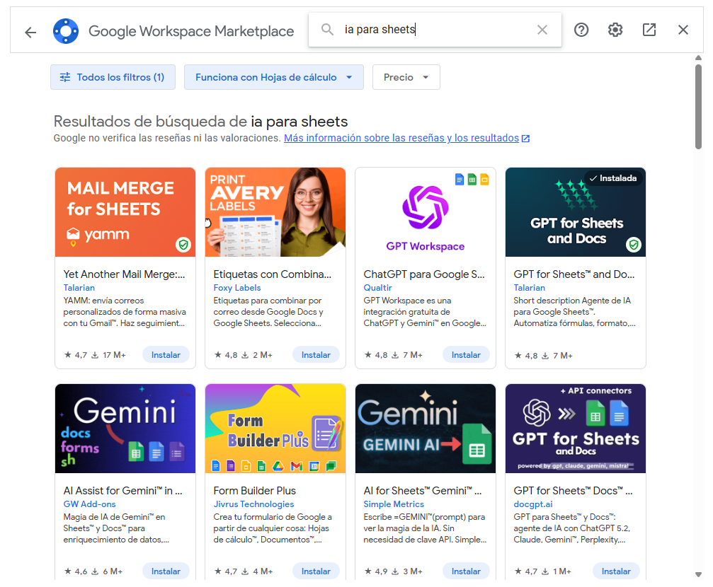 complementos ia google sheets instalar gratis workspace marketplace 2026