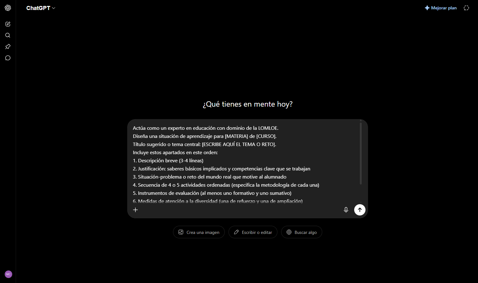 prompt de chatgpt para crear situaciones de aprendizaje con chatgpt y lomloe